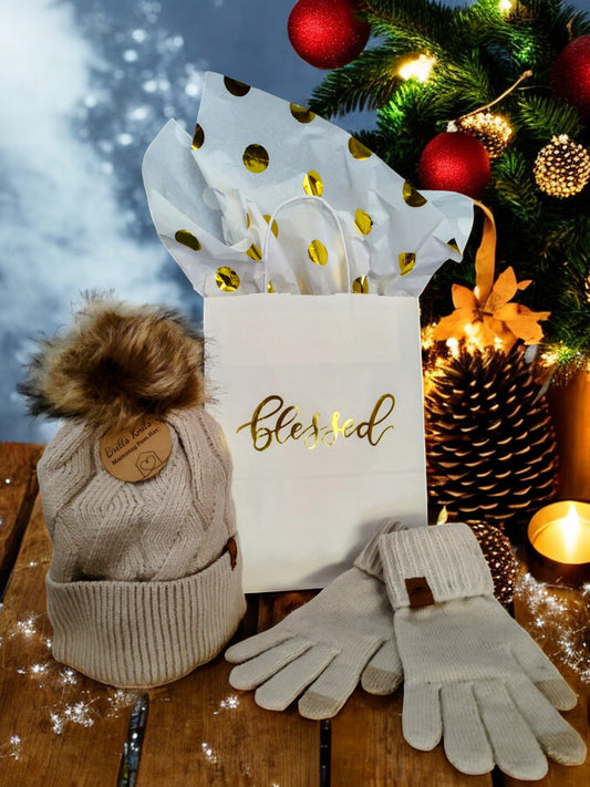 Blessed Gift Bundle: Decorative Bag, Gold Dot Tissue & Warm Hat and Glove Accessories