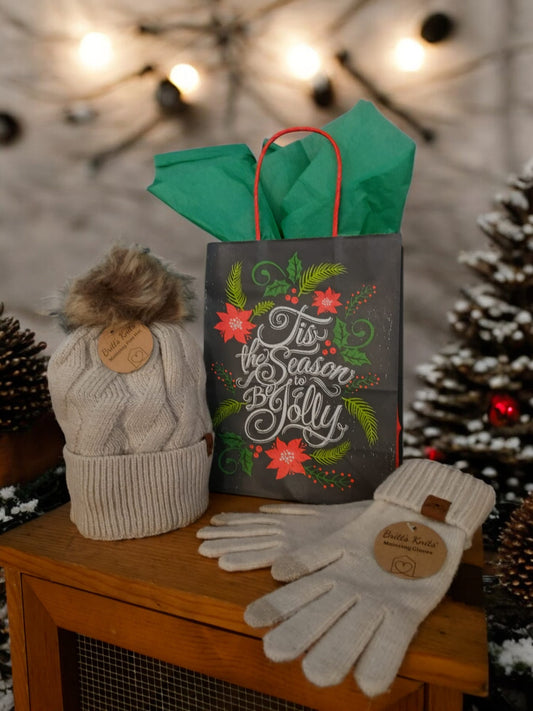 Tis the Season Gift Bundle: Decorative Bag, Green/Red Tissue & Warm Hat and Glove Accessories